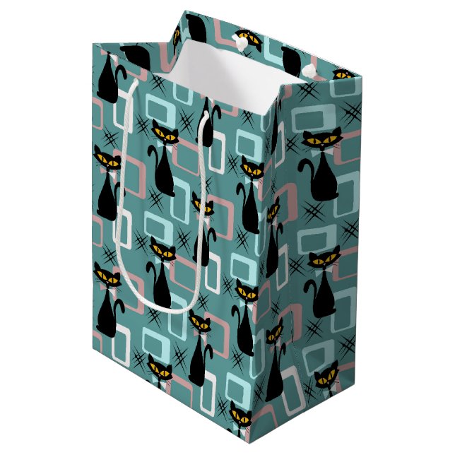 Sac Cadeau Moyen Motif de chat noir du milieu du siècle (Devant Angle)
