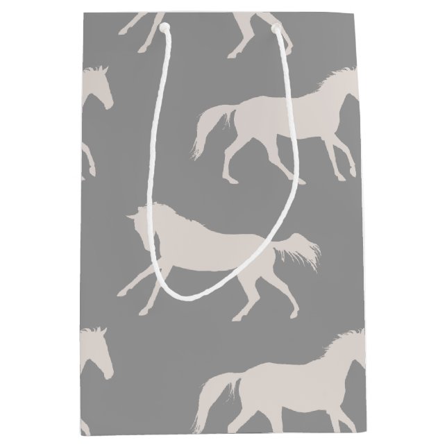 Sac Cadeau Moyen Motif de Chevaux de Galloping Gris (Devant)
