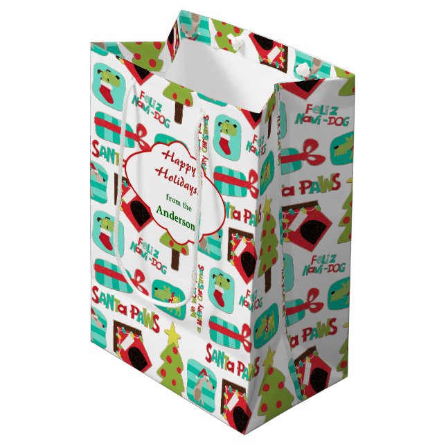 Sac Cadeau Moyen Motif de chien de Noël personnalisé (Devant Angle)