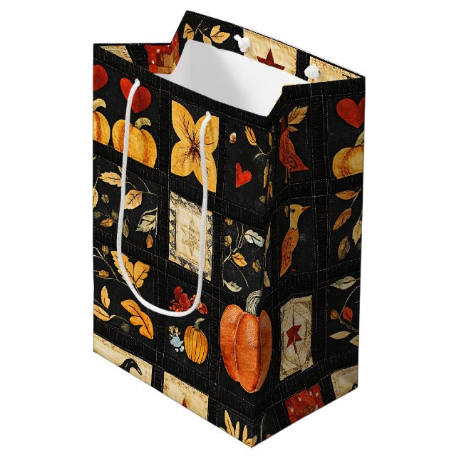 Sac Cadeau Moyen Motif de courtepointe d'art populaire d'automne |  (Devant Angle)