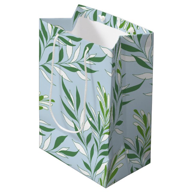 Sac Cadeau Moyen Motif de feuillage verdure Élégant Vert Bleu clair (Devant Angle)