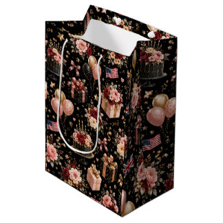 Sac Cadeau Moyen Motif de fleurs de luxe pour anniversaire noir