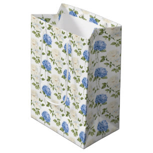 Sac Cadeau Moyen Motif de fleurs d'hydrangea bleu élégant 