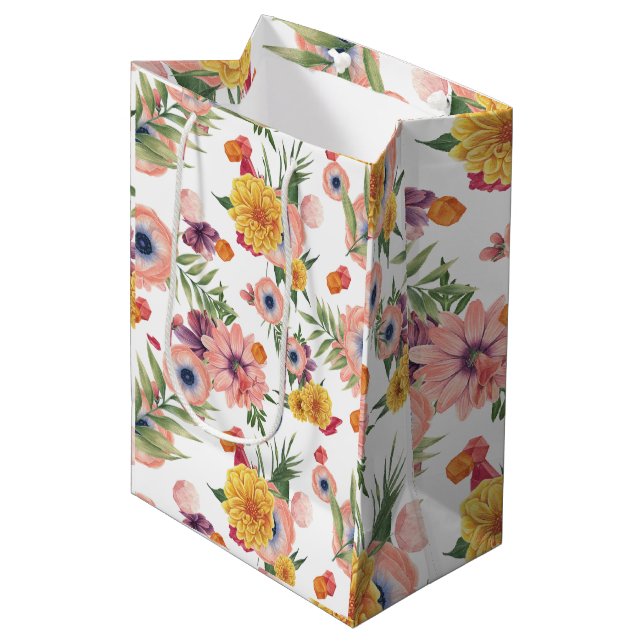 Sac Cadeau Moyen Motif De Fleurs Rose Et Jaune Clair (Devant Angle)