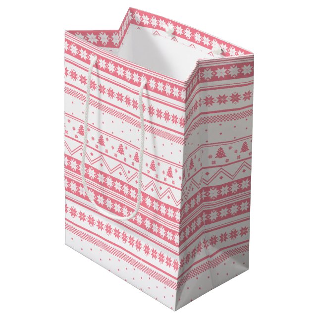 Sac Cadeau Moyen Motif de Noël blanc et rose nordique (Devant Angle)