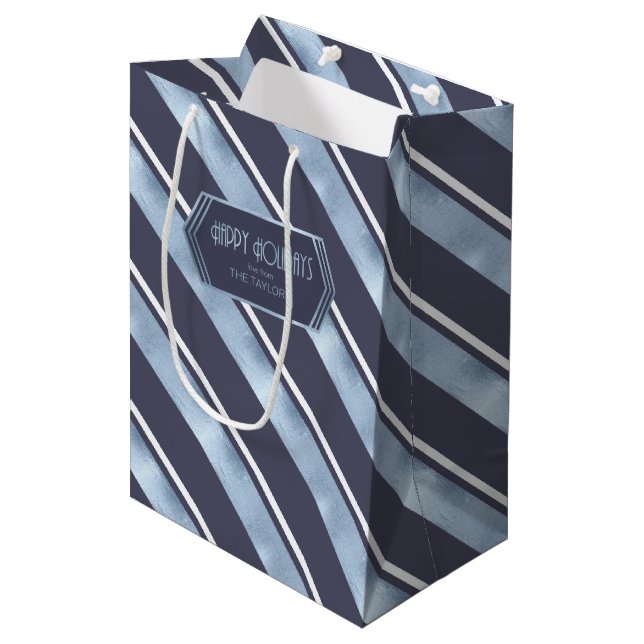 Sac Cadeau Moyen Motif de Noël en bande bleue ID862 (Devant Angle)