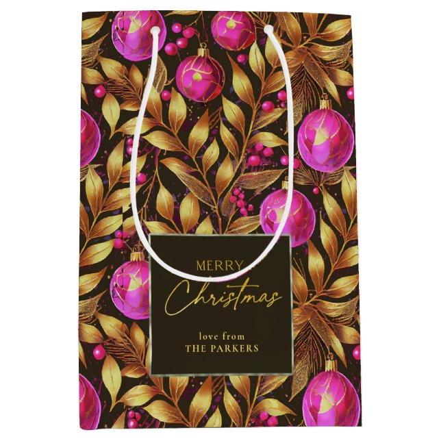 Sac Cadeau Moyen Motif de Noël Magenta Gold#29 ID1009 (Devant)