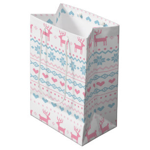 Sac Cadeau Moyen Motif de ski rose et bleu scandinave