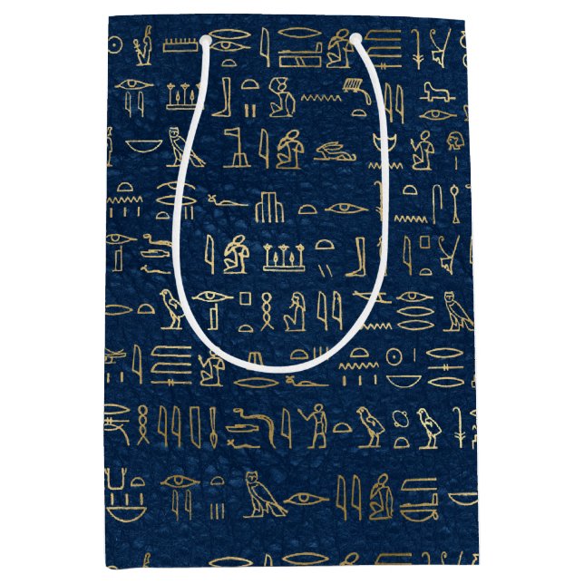 Sac Cadeau Moyen Motif des hiéroglyphes d'Égypte or et bleu (Devant)