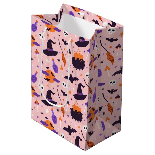 Sac Cadeau Moyen Motif d'Halloween mou et rose (Devant Angle)