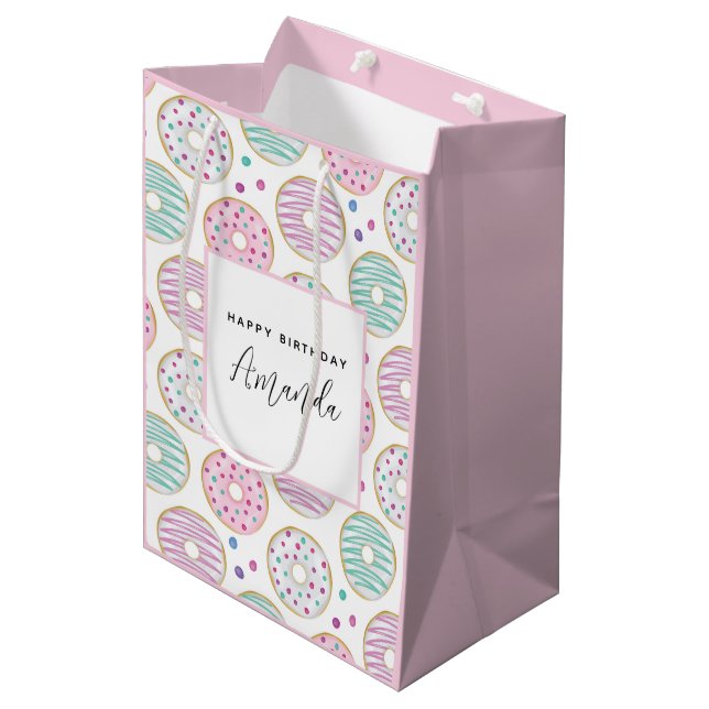 Sac Cadeau Moyen Motif Donut Anniversaire Coloré Mignon (Devant Angle)