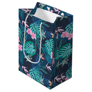 Sac Cadeau Moyen Motif du Jardin des Fleurs Tropicales Bleues