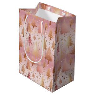 Sac Cadeau Moyen Motif festif des arbres d'or rose mignonne