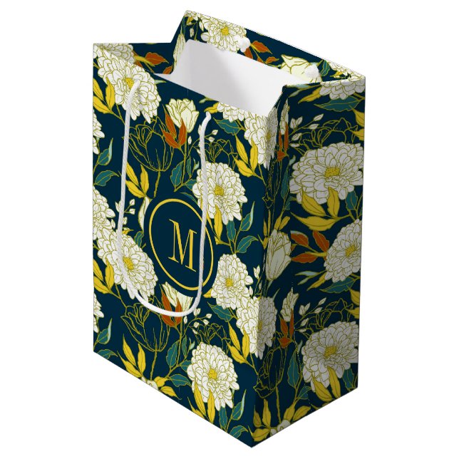 Sac Cadeau Moyen Motif feuille aux fleurs blanches (Devant Angle)