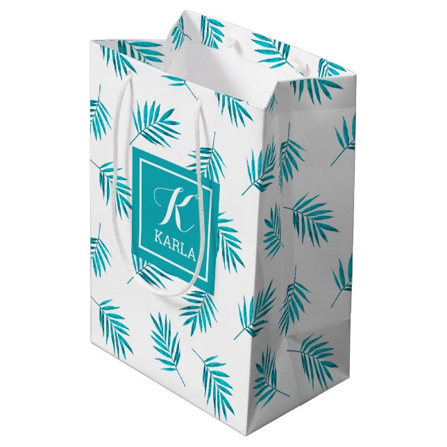 Sac Cadeau Moyen Motif feuille bleu-vert (Dos Angle)