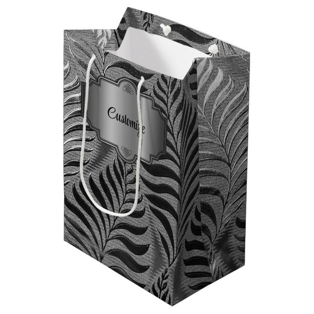 Sac Cadeau Moyen Motif Feuille d'argent personnalisé (Devant Angle)