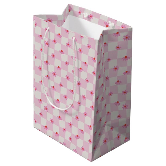 Sac Cadeau Moyen Motif floral à carreaux de marguerite rose pâle (Dos Angle)