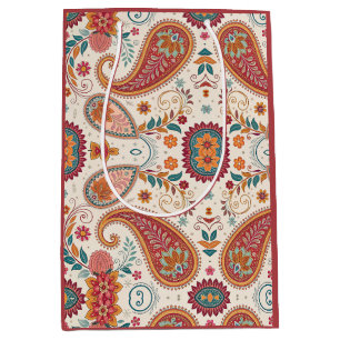 Sac Cadeau Moyen Motif floral blanc paisley bohème vibrant