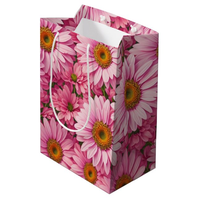 Sac Cadeau Moyen Motif floral rétro rose avec des marguerites (Dos Angle)