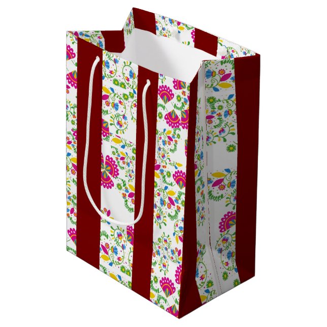 Sac Cadeau Moyen Motif floral rouge et blanc (Devant Angle)