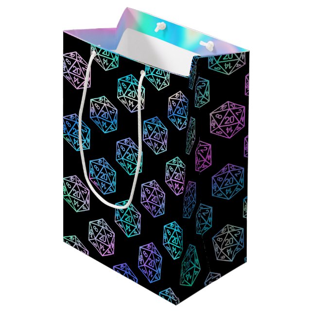Sac Cadeau Moyen Motif Hologramme D20 | PnP Tabletop Gamer Dice (Devant Angle)