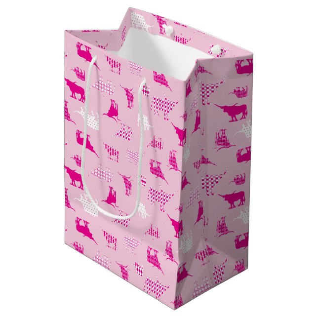 Sac Cadeau Moyen Motif Longhorns à motifs roses (Devant Angle)