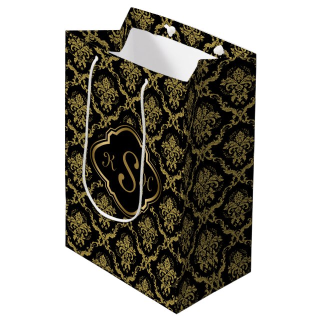 Sac Cadeau Moyen Motif Monogramme Gold & Black Floral Damasques (Devant Angle)