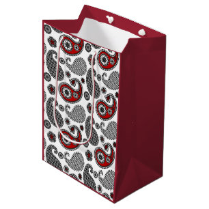 Sac Cadeau Moyen Motif Paisley, noir, blanc et rouge