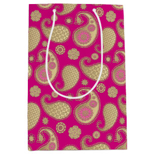 Sac Cadeau Moyen Motif Paisley, Or doux sur le rose Fuchsia profond