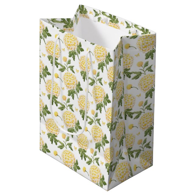 Sac Cadeau Moyen Motif Papillons Fleuris Hydrangea Jaune Élégant (Devant Angle)