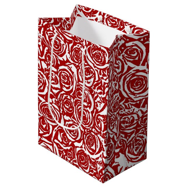 Sac Cadeau Moyen Motif Rose Abstrait moderne, rouge foncé et blanc (Devant Angle)