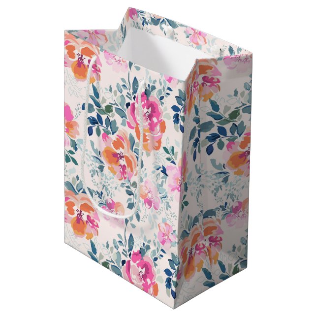 Sac Cadeau Moyen Motif rose et Turquoise (Devant Angle)