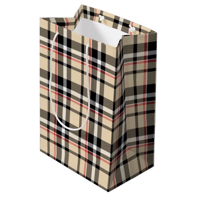 Sac Cadeau Moyen Motif Tartan Plaid Carré noir beige rouge (Dos Angle)