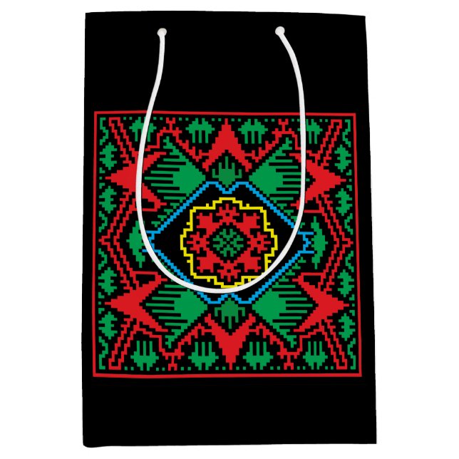 Sac Cadeau Moyen Motif tribal letton géométrique noir, rouge, vert (Devant)