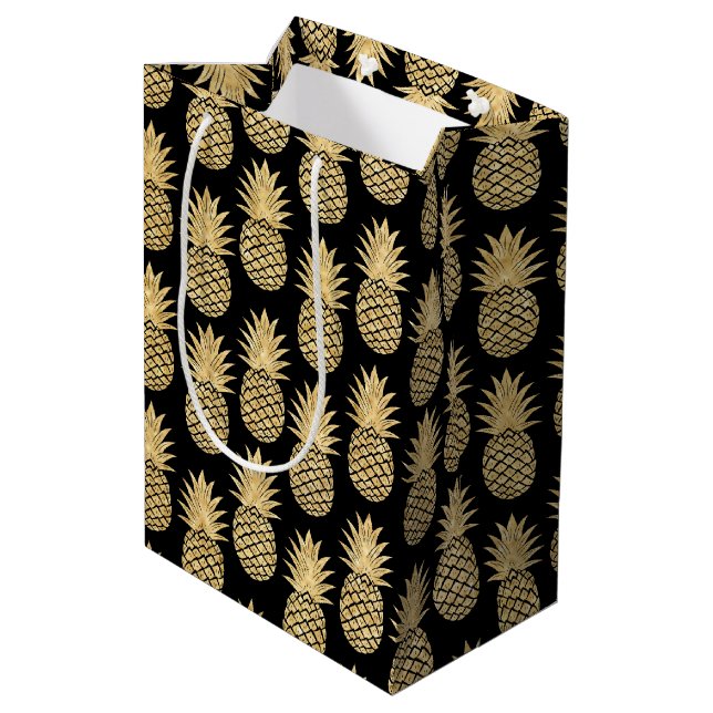 Sac Cadeau Moyen Motif tropical élégant d'ananas de noir et d'or (Dos Angle)
