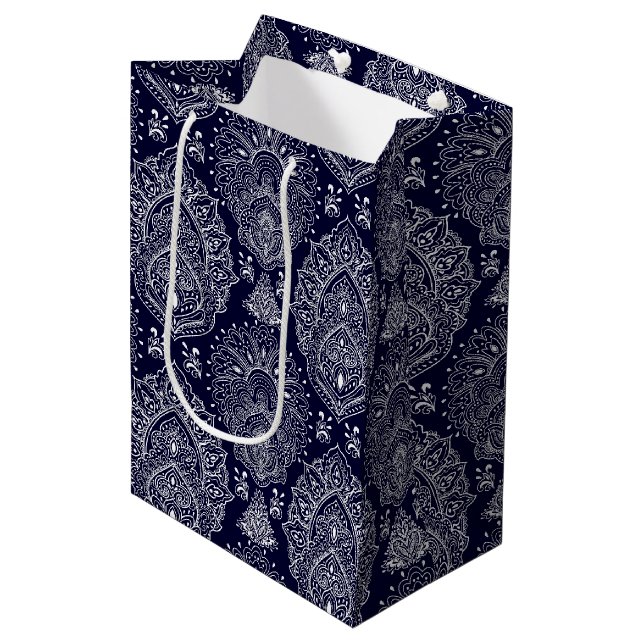 Sac Cadeau Moyen motif vintage d'origine indienne bleue (Devant Angle)