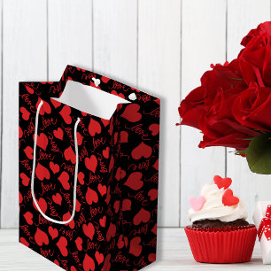 Sac Cadeau Moyen Motifs romantiques du coeur rouge et noir