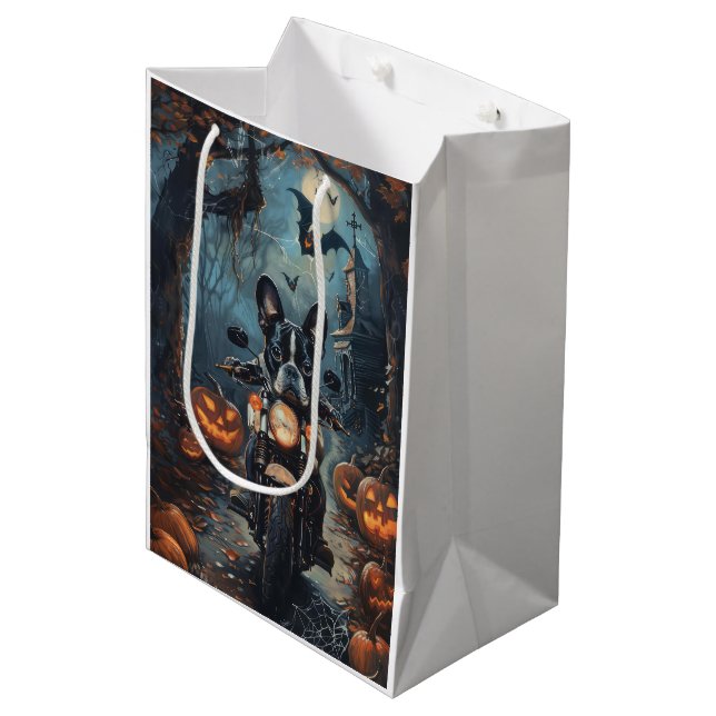 Sac Cadeau Moyen Moto à cheval Boston Terrier Halloween effrayant (Devant Angle)