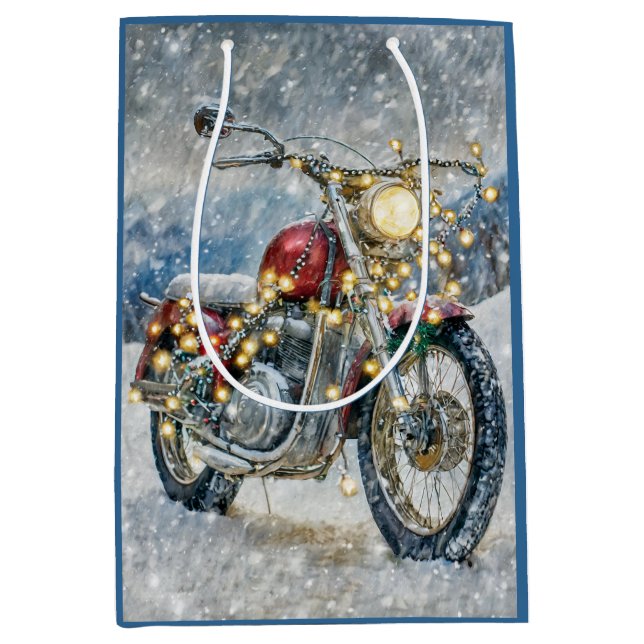 Sac Cadeau Moyen Moto rouge avec lumières de Noël (Devant)