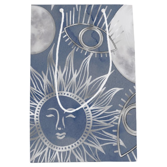 Sac Cadeau Moyen Mystique solaire | Dusty Blue Silver Moon Stars So (Devant)