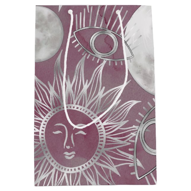 Sac Cadeau Moyen Mystique solaire | Rose Argent Lune Étoiles Soleil (Devant)