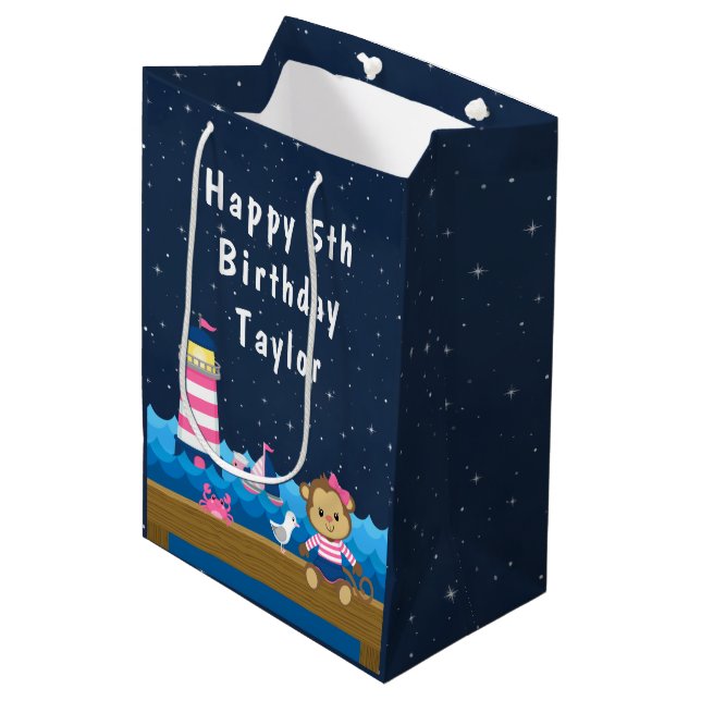 Sac Cadeau Moyen Nautique Singe rose et Marine Joyeux anniversaire (Devant Angle)