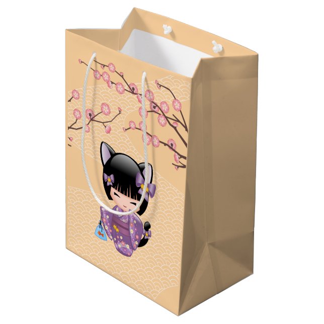 Sac Cadeau Moyen Neko Kokeshi Poupée - Oreilles de chat Geisha Girl (Dos Angle)