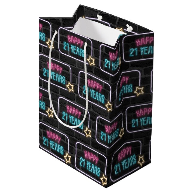 Sac Cadeau Moyen Neon 21st Birthday Sign On Brick (Dos Angle)