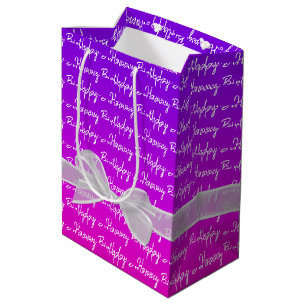 Sac Cadeau Moyen Neon Joyeux Anniversaire Avec Bow Blanc