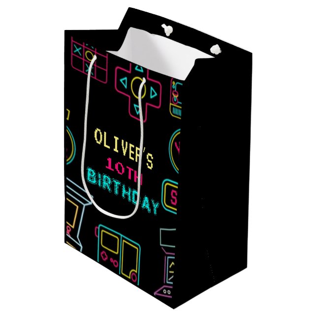 Sac Cadeau Moyen Neon Toute année jeux vidéo arcade anniversaire (Devant Angle)