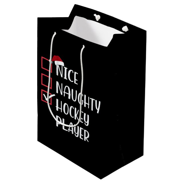 Sac Cadeau Moyen Nice Naughty Hockey Joueur de sports Père Noël (Devant Angle)