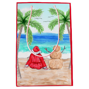 Sac Cadeau Moyen Noël à Père Noël et Sand Snowman sur la plage