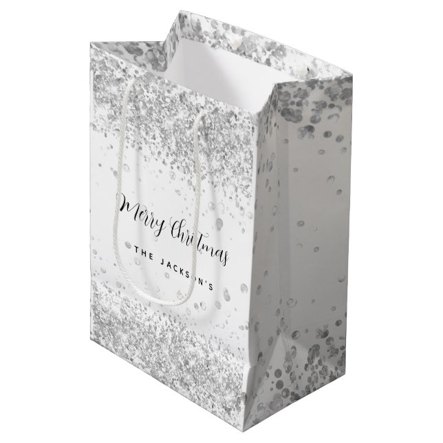 Sac Cadeau Moyen Noël blanc brillant (Devant Angle)