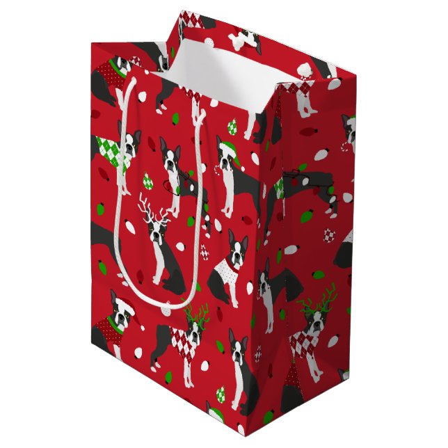 Sac cadeau moyen Noël Boston Terrier (Devant Angle)